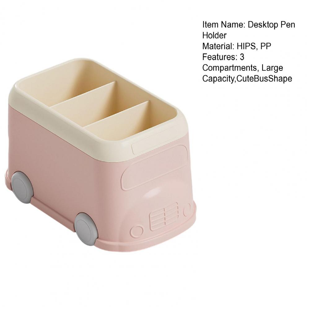 Desktop Pen Holder 3 Compartments Cute Bus Shape Multifunctional Stationery Pencil Organizer Container Storage Box