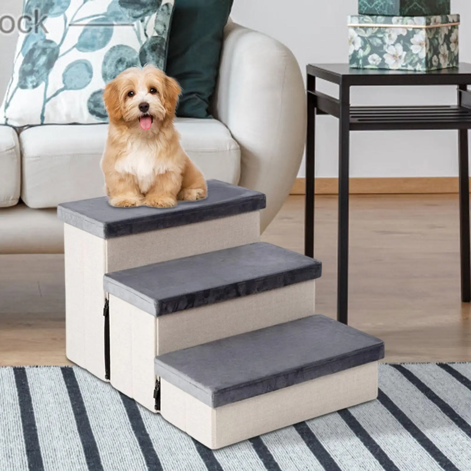 3 Tiers Pet Steps Dog Stairs Removable Cover Pet Climbing Ladder Portable Ramp Stairs with Storage Box for Sofa, Bed Indoor