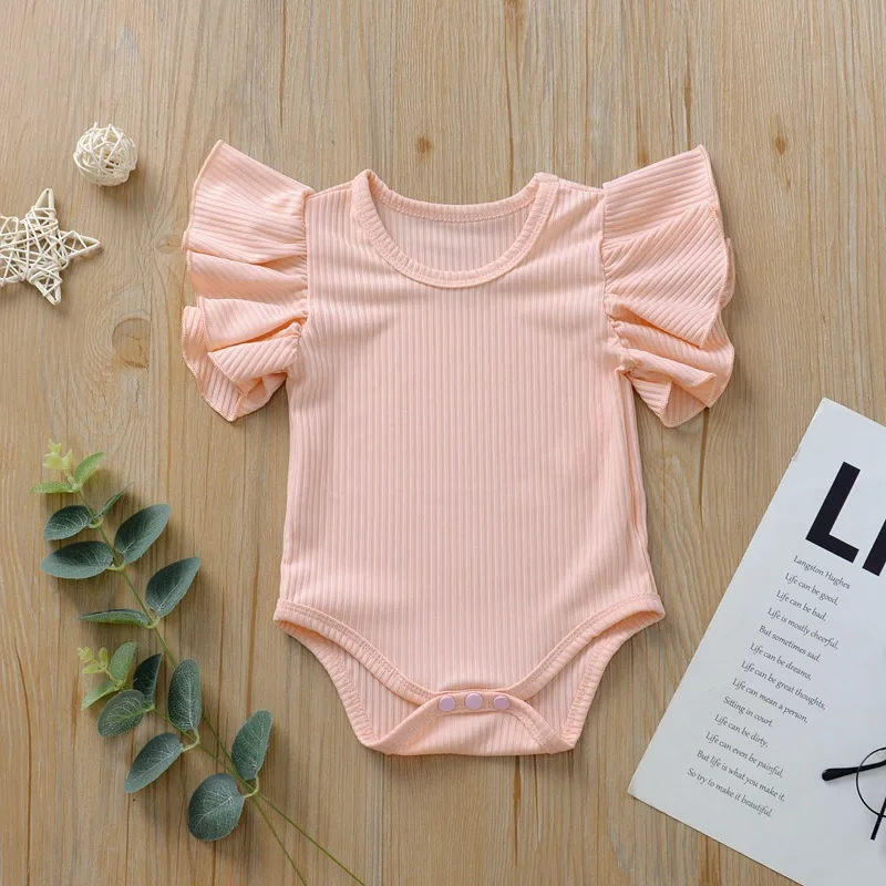 2022 Summer Baby Girls Rompers Cotton Toddler Jumpsuits Newborn Girl Pure Color Ruffles Sleeve Infant Romper Baby Clothes 0-24 M bamboo baby bodysuits	