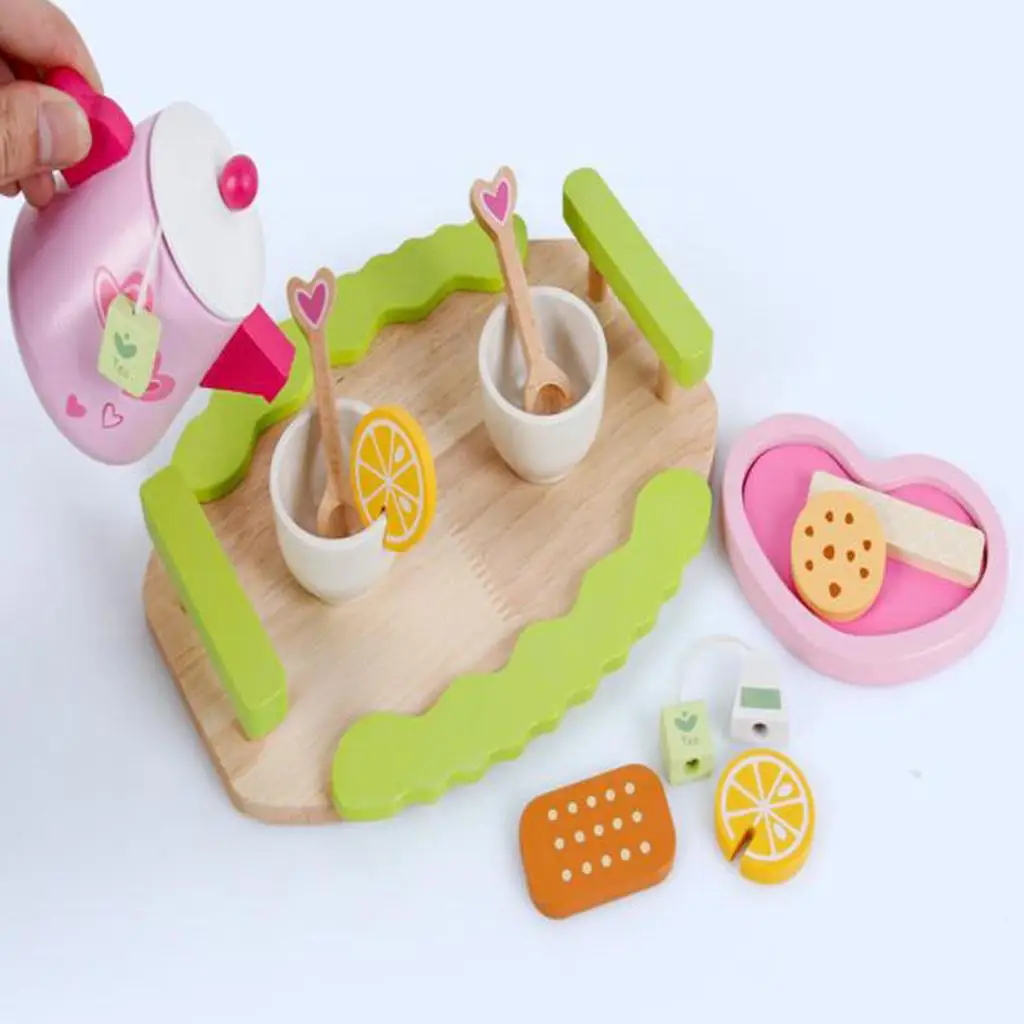 Kids Pretend Play Wooden Tableware Set, Includes Cups, Tea Kettle, Spoons and Fruit, Non Wood Material
