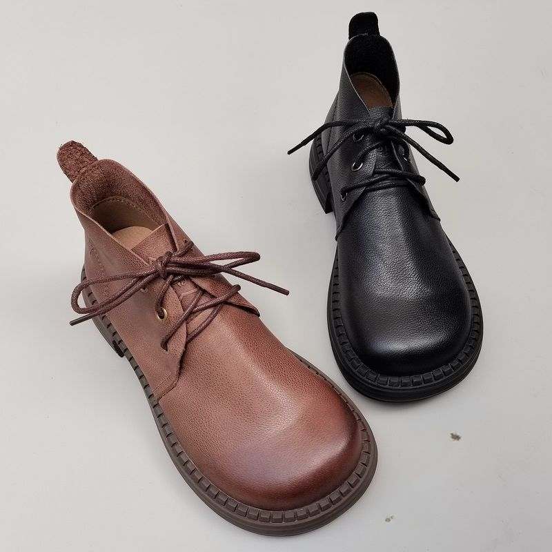 Genuine Leather Wide Toe Women's Shoes Spring Cowhide Short Boots Soft Sole Lace-up High-top Original Single Shoes