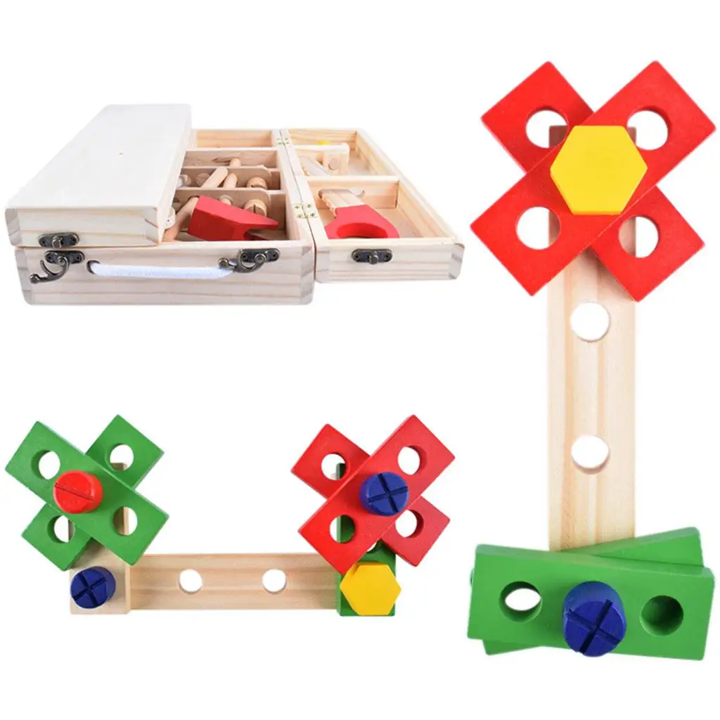 Tool Kit for Kids Wooden Box Stem Construction Toy Learning Gift DIY Creative Repair Toolbox for Home Toddlers 3 Year Old and up