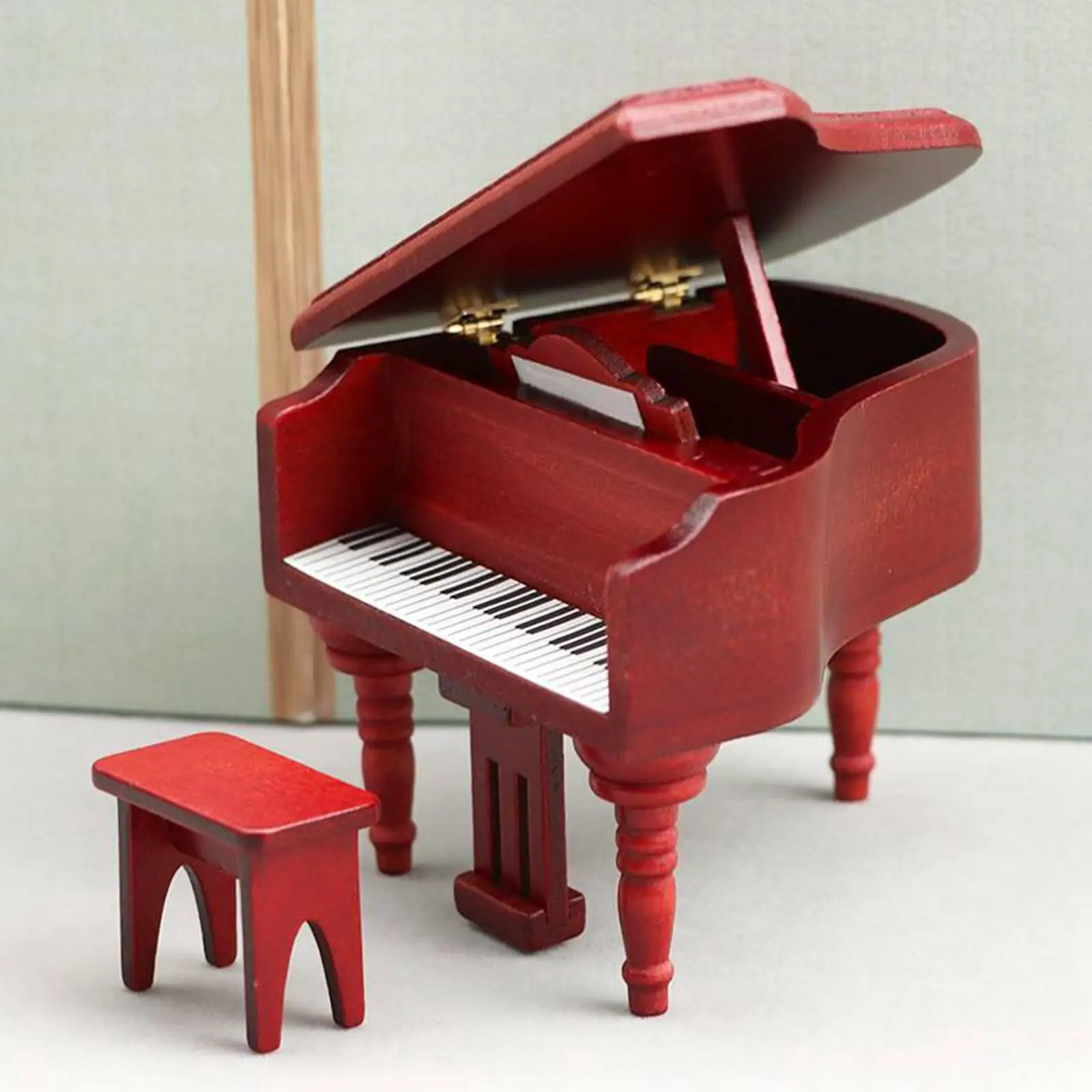 Piano with Chair Red Elegant for 1:12 Dollhouse DIY Projects Pretend Game Child