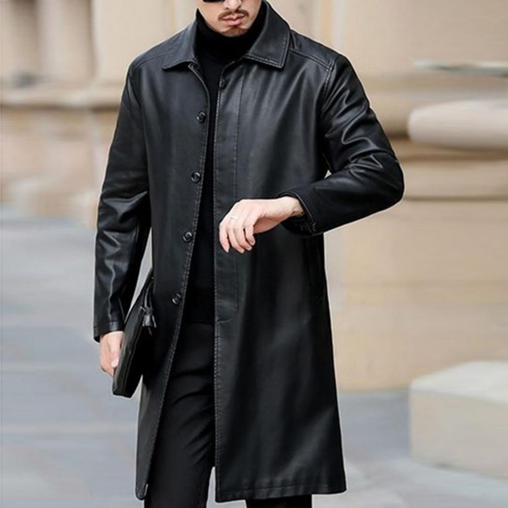 Description Picture 6 of itemMen Autumn Winter Faux Leather Windbreaker Lapel Long Sleeve Single Breasted Fleece Lining Jacket Coat Loose Long Outwear