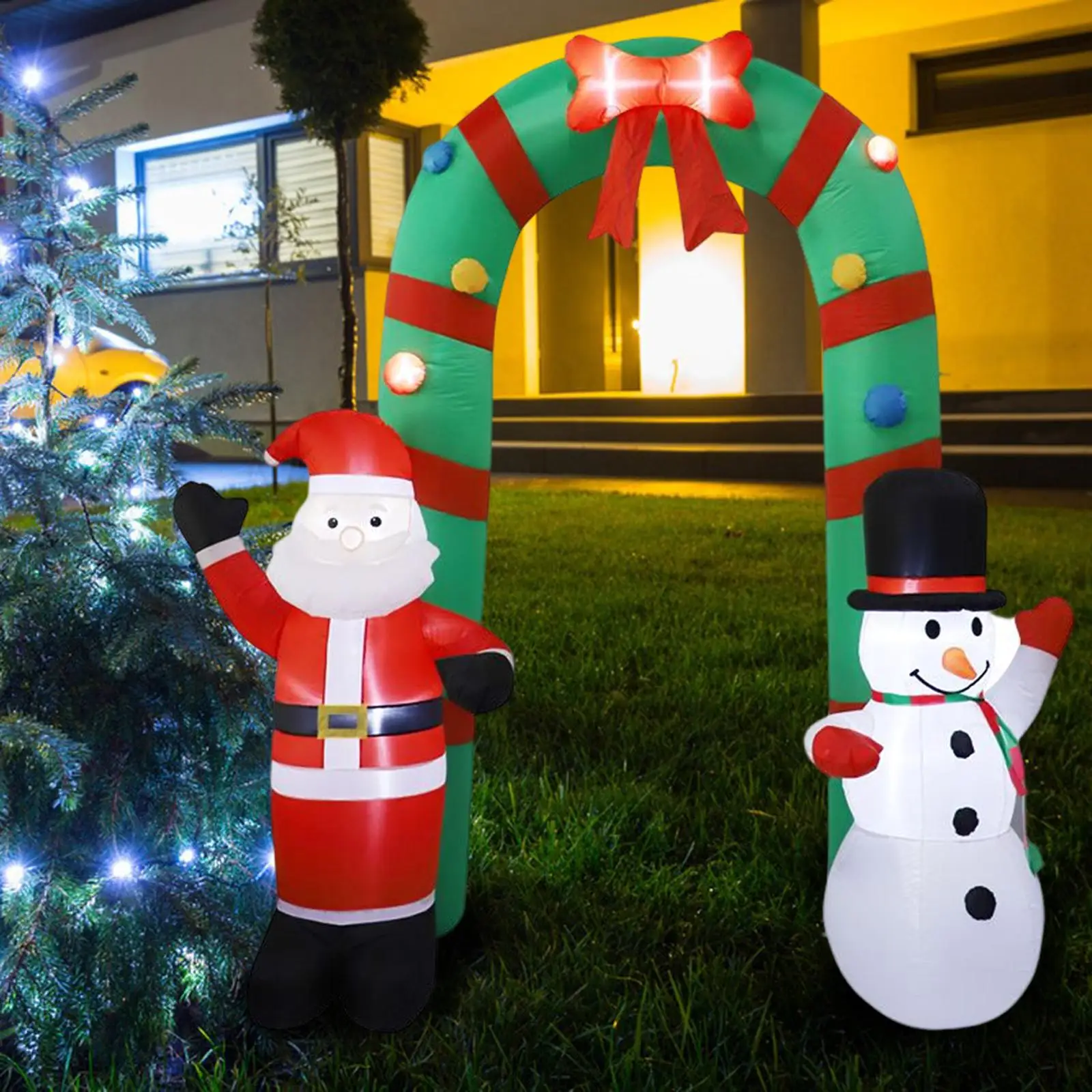 2.5 Meters Christmas Inflatable Arch Santa Snowman Archway LED Inflatable Arch Ornament for Party Patio Lawn Yard Decoration