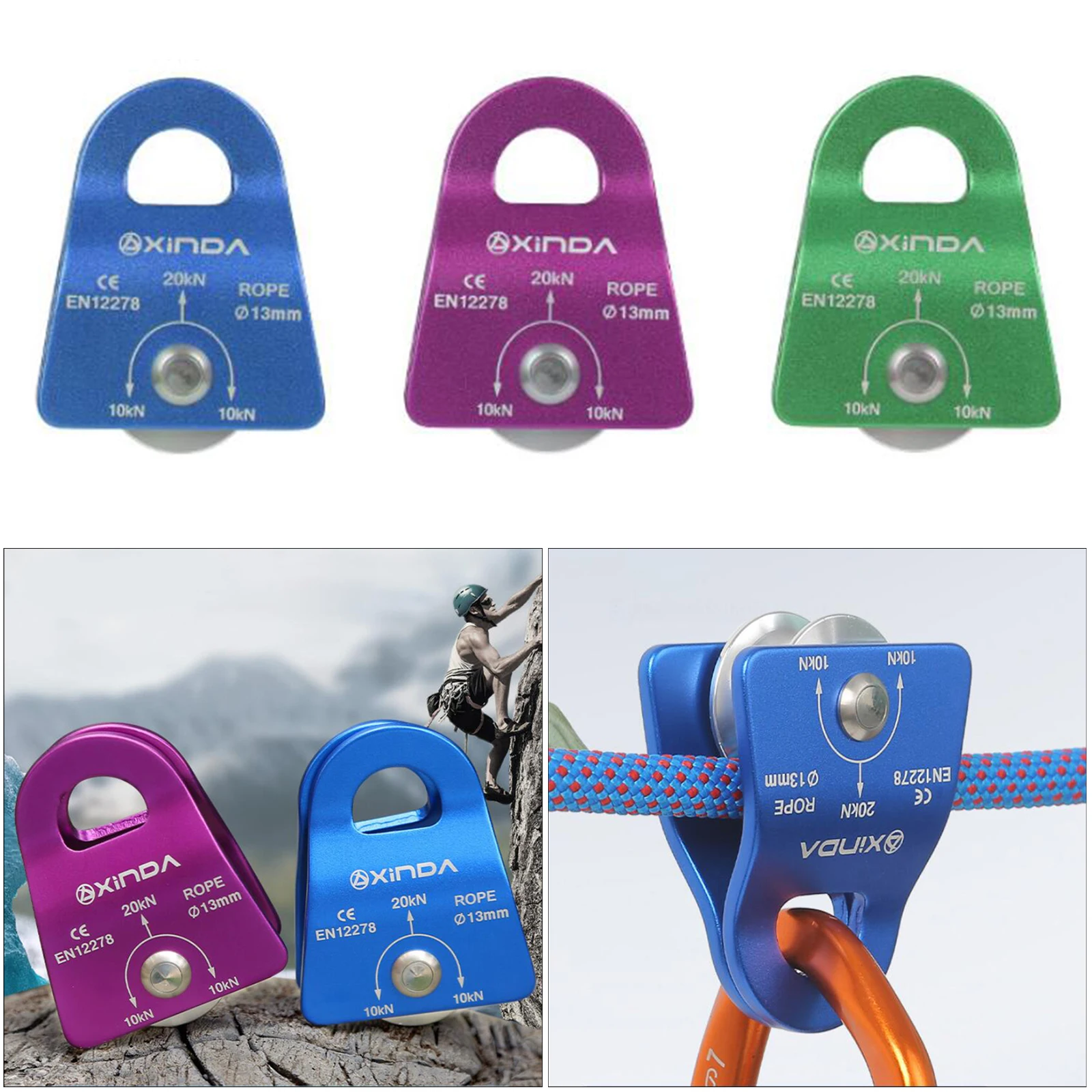 20KN Rock Climbing Pulley Outdoor Survival Mountaineering Hiking Lifting Rope Belt Sling Accessories Pulley Equipment 13mm Rope