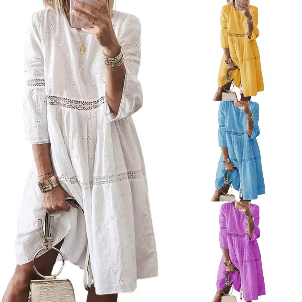 Women Dress O Neck Three Quarter Sleeve Lace Patchwork Embroidery Solid Color Summer Pullover Dress Streetwear 