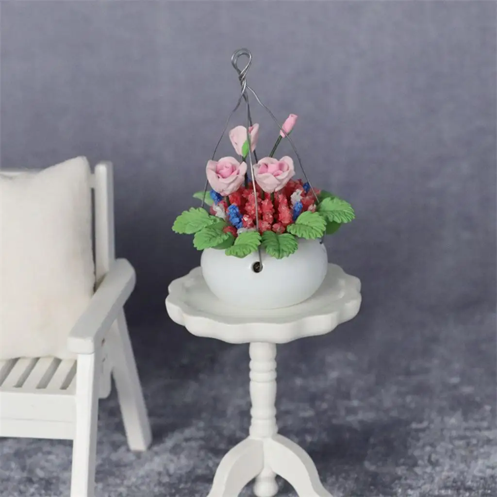 1:12 Dollhouse Miniature Potted Plant Hanging Basket Flower Simulation Rose Green Plant Model Toys Doll House Decor Accessories