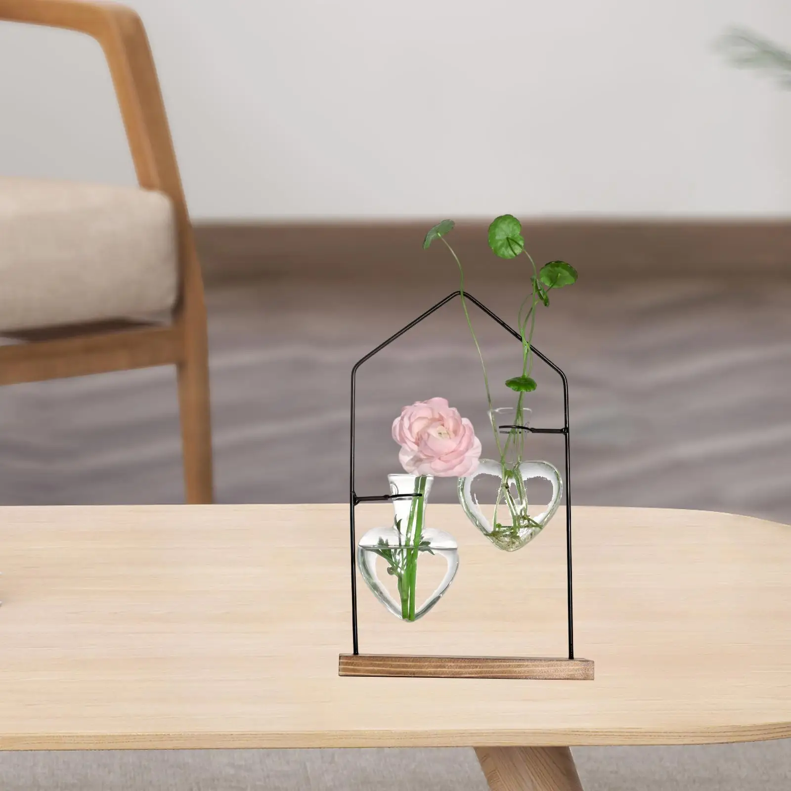 Heart Glass Vase with Wooden Rack Plant Terrarium for Centerpiece