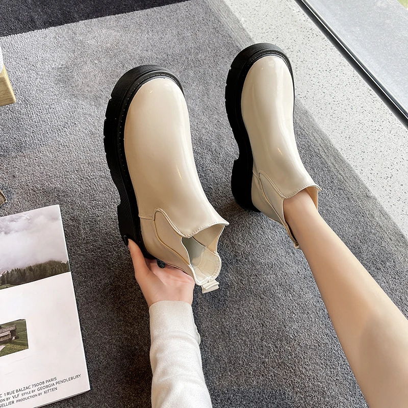 Chelsea Ankle Boots  Women’s Vegan Shoes Autumn Womens Designer Faux PU Leather Slip-on Platform Short Boot Footwear for Woman in beige
