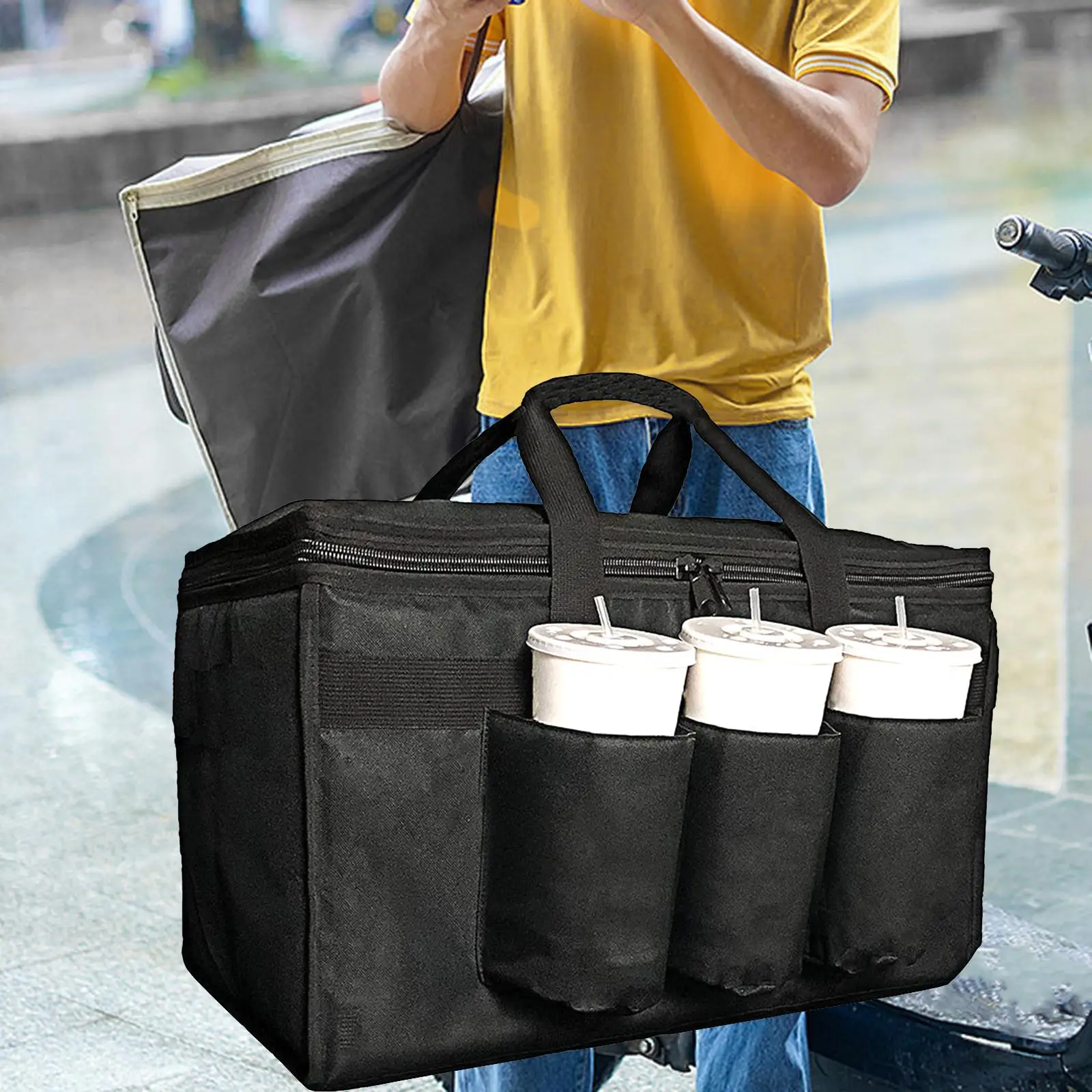 Insulated Food Delivery Bag Portable Cup Holder Insulated Picnic Bag for Outdoor Personal Restaurant Shopping Camping