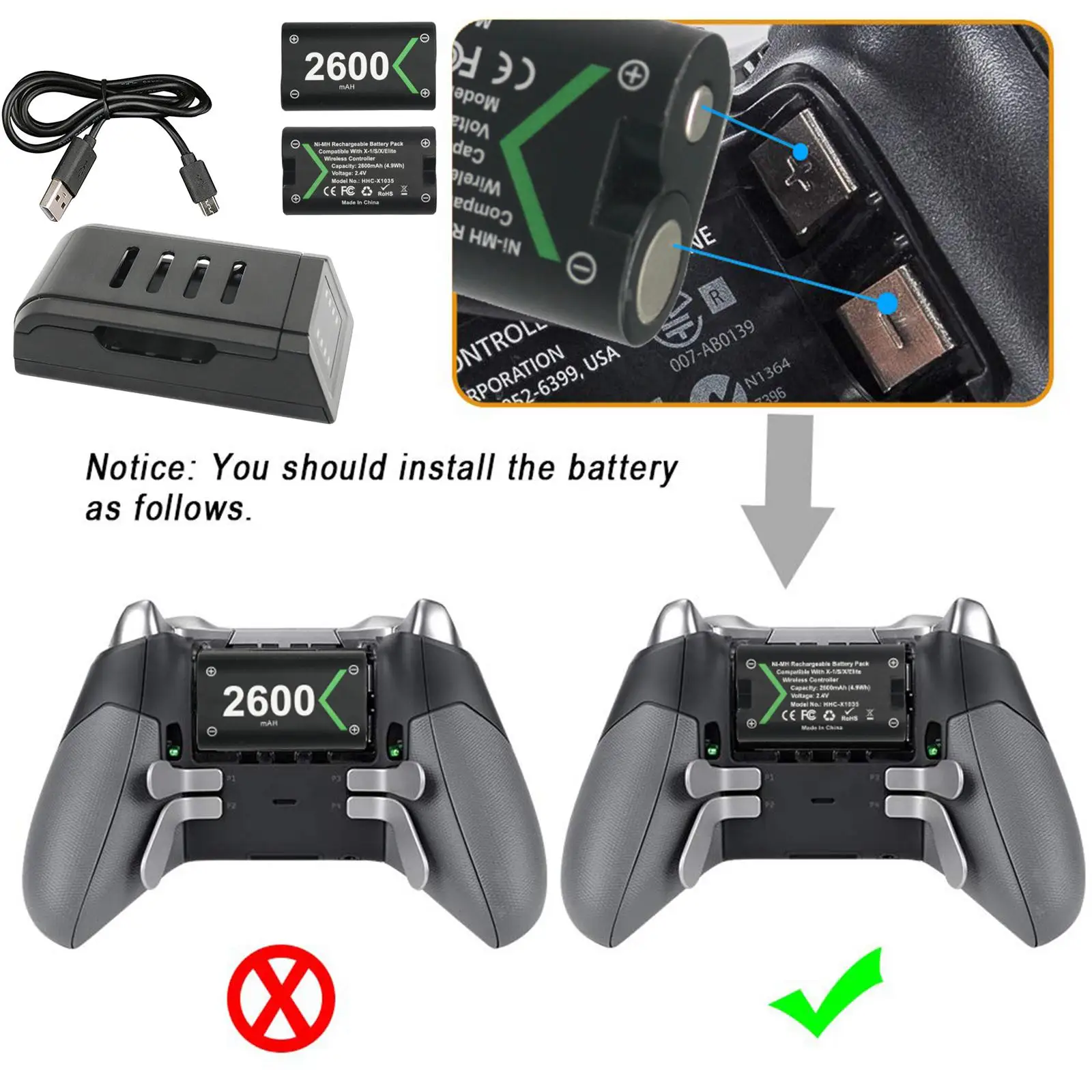 Controller Charger with 2x Rechargeable 2600mAh Battery for One Gaming Controller