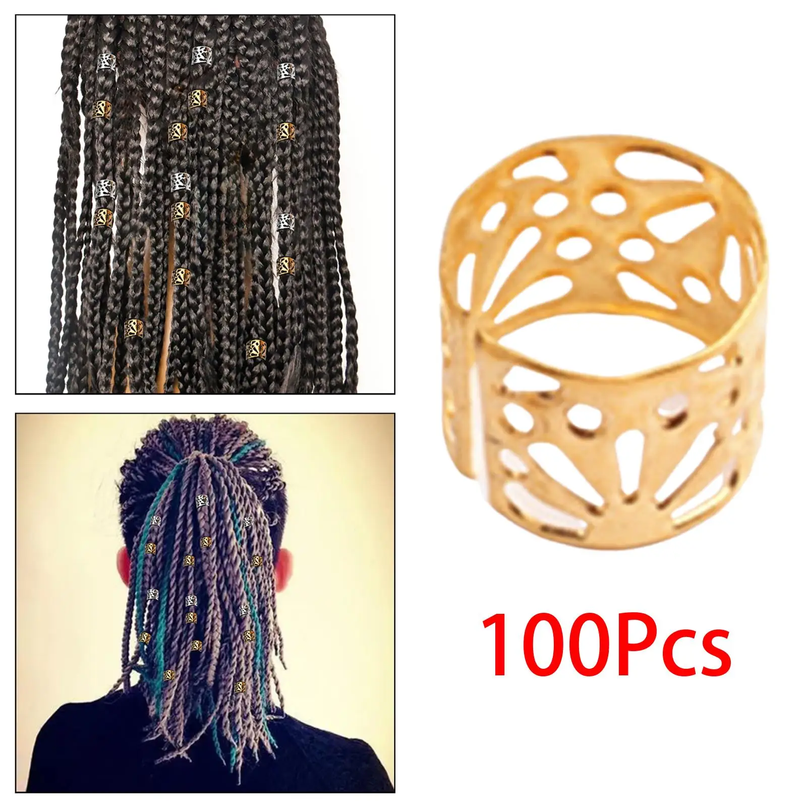 100x Dreadlocks Beads Hair Accessories, Hollow Pattern Opening Metal Clips Cuffs Rings Hair Braid Rings Clips, Beard Decoration