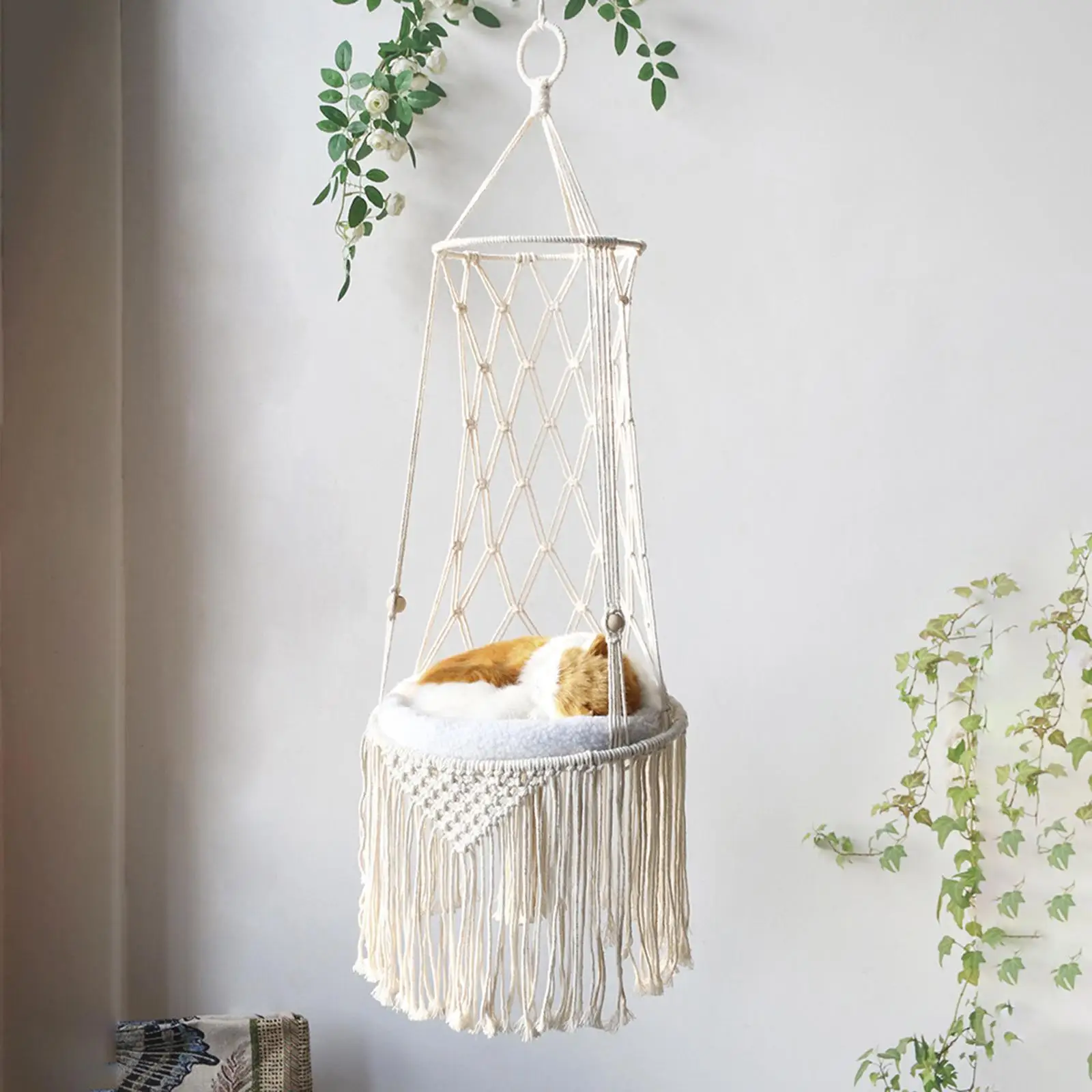 Hanging Cat Hammock Hand Woven Decoration Tassel Cotton Rope Beige Gifts Pet Swing Bed Basket Cat Cage for Indoor Outdoor Garden