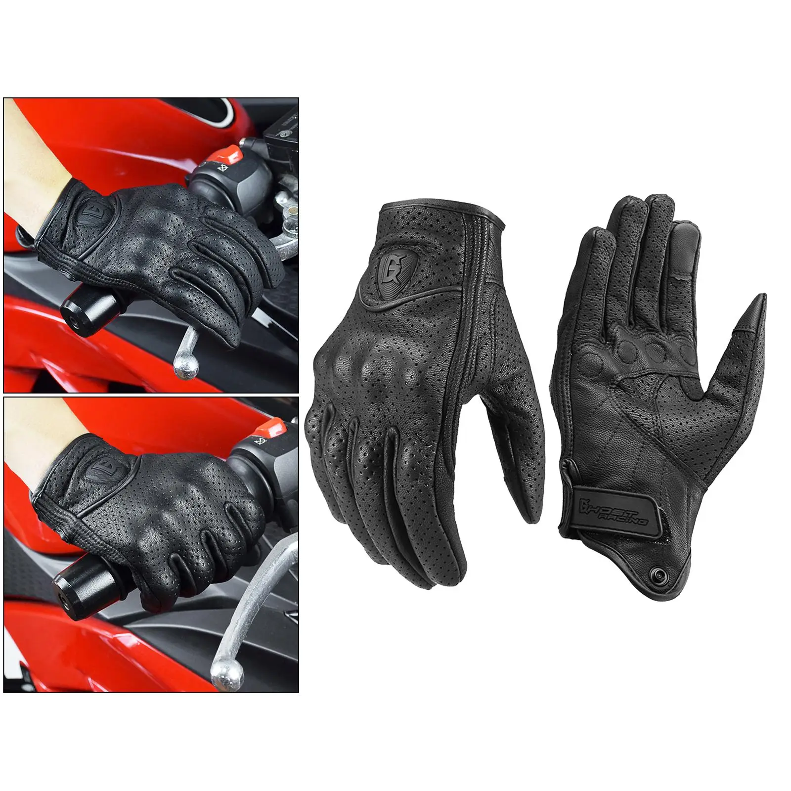 Motorcycle Gloves Full Finger Protective Gloves Breathable Perforated Real Leather Riding Cross Dirt Bike Gloves for Men Women