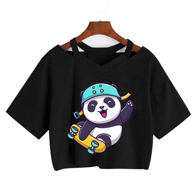 STYLISH GIRL CROP T-SHIRT , MODERN GIRL'S PANDA PRINTED CROP TOP , SUMMER  SPECIAL CROP T-SHIRT