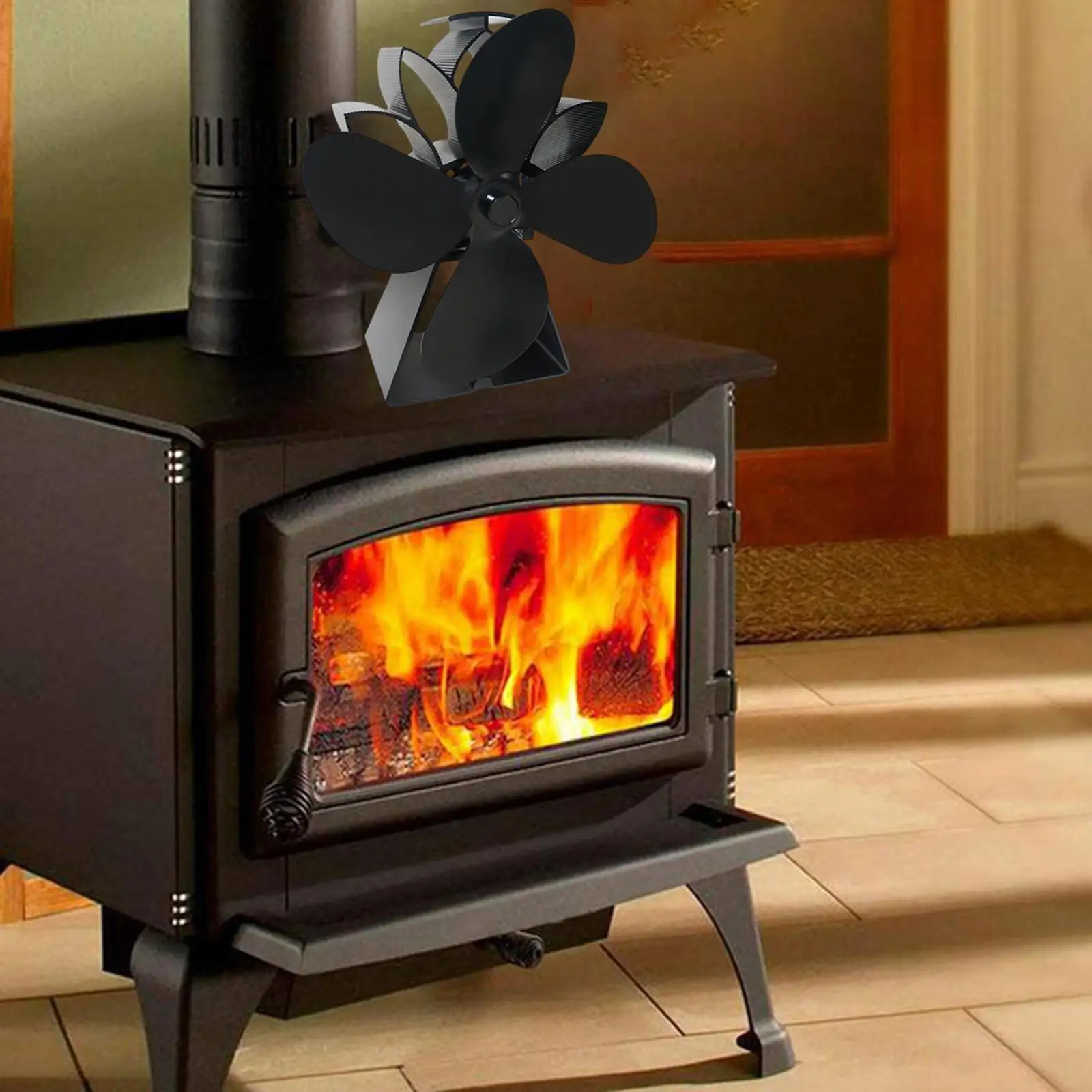 4 Vanes Heat Powered Fireplace Fan Silent Motor for  Burning Circulates Warm Efficient Heat Transfer Save Fuel Black