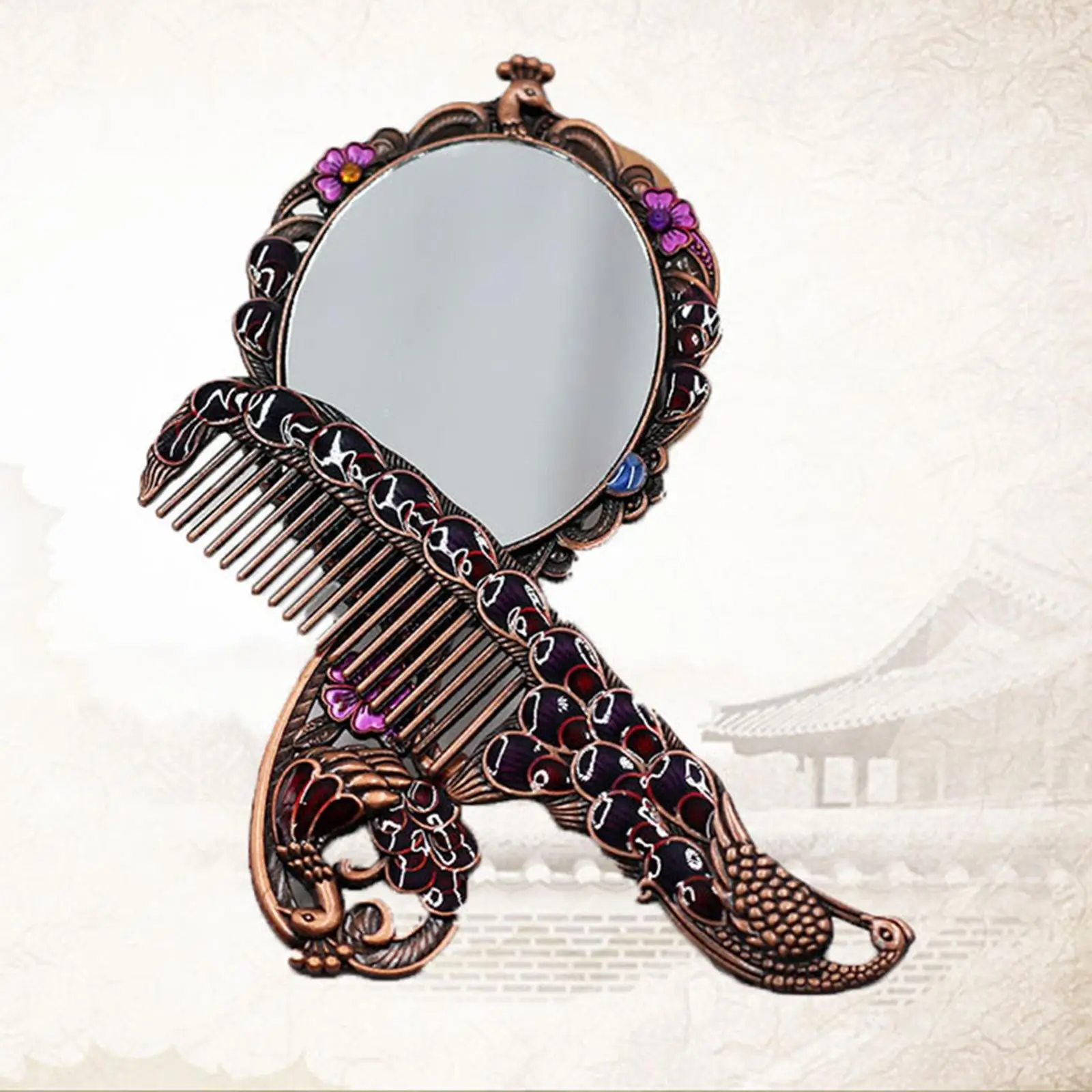 Vintage Style Spreading Tail Peacock Embossing Make  Hand Held Comb Set Girl Gift for Women Salon Dressing Vanity Mirror Travel
