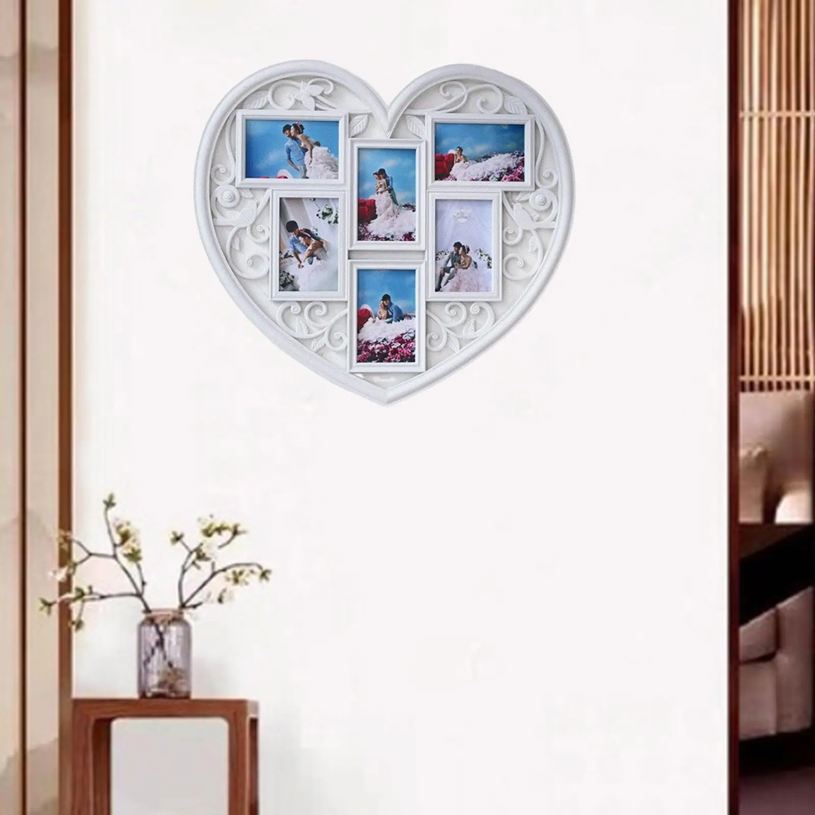 Heart Shaped Wall Decor Collage Picture Frame Decoration 6 Openings 4x6 White Family Photo Frame for Living Room Home Decor
