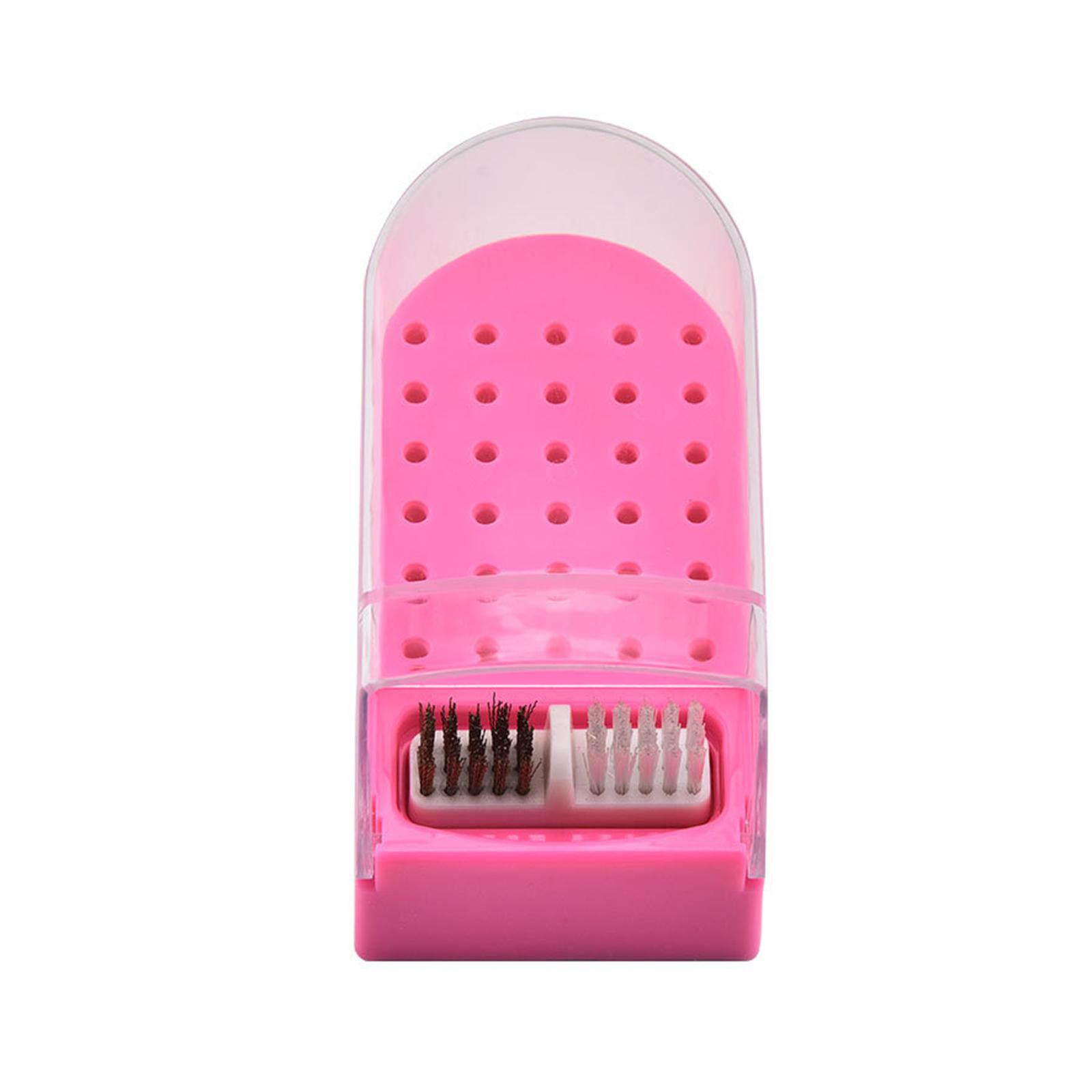 Pink Nail Drill Bit Holder Home DIY Lightweight with Cleaning Brass Wire and Soft Brushes Manicure Tool 30 Slots Container Case