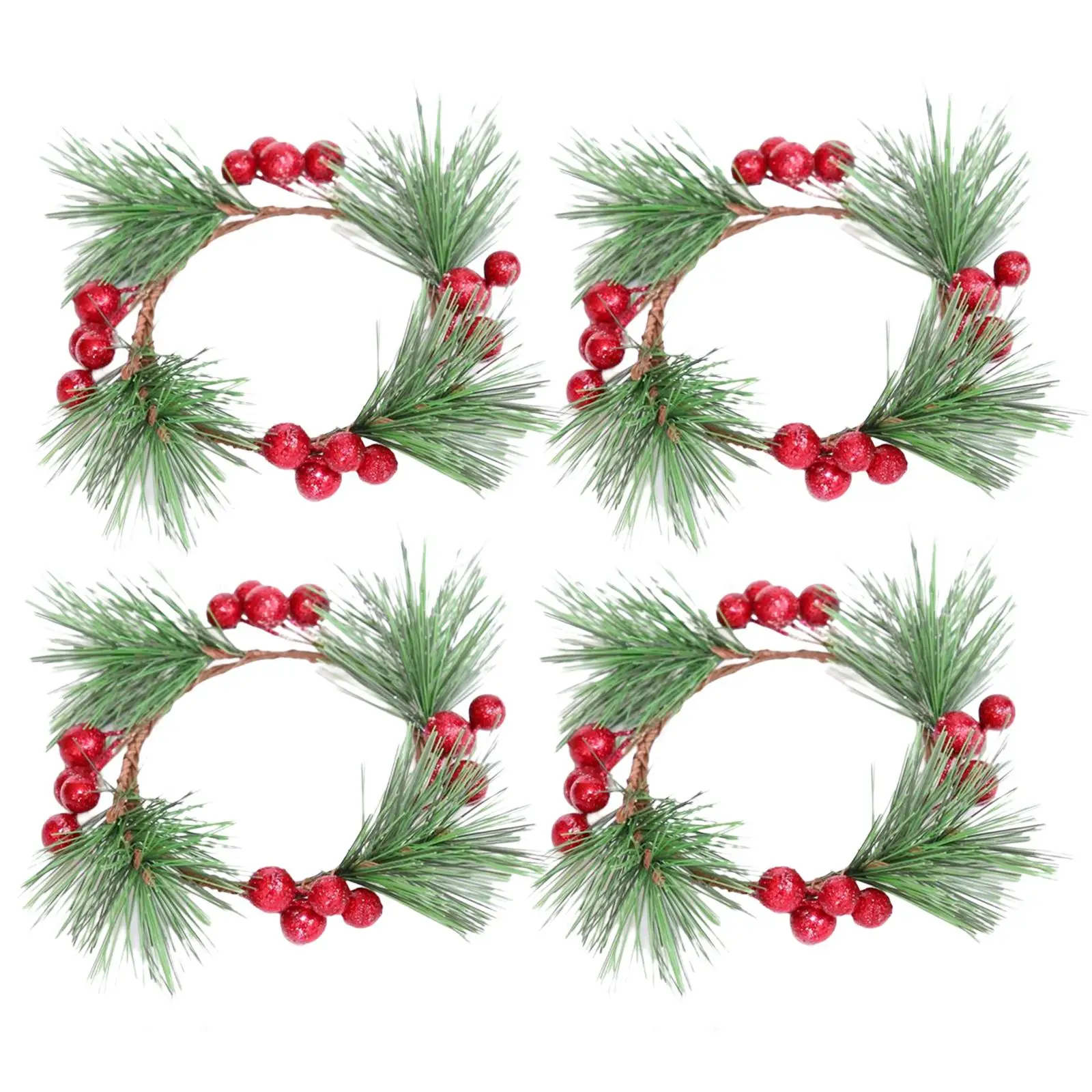 4x Candle Wreaths 3 Inches with Artificial Red Berries Decorative Small Wreath Candle Rings for Holiday Party Home Decor Accents