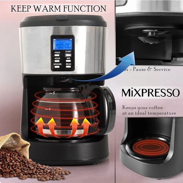Mixpresso 5-Cup Drip Coffee Maker, Automatic Brew Coffee Pot Machine with  Built-In Burr Coffee Grinder - AliExpress