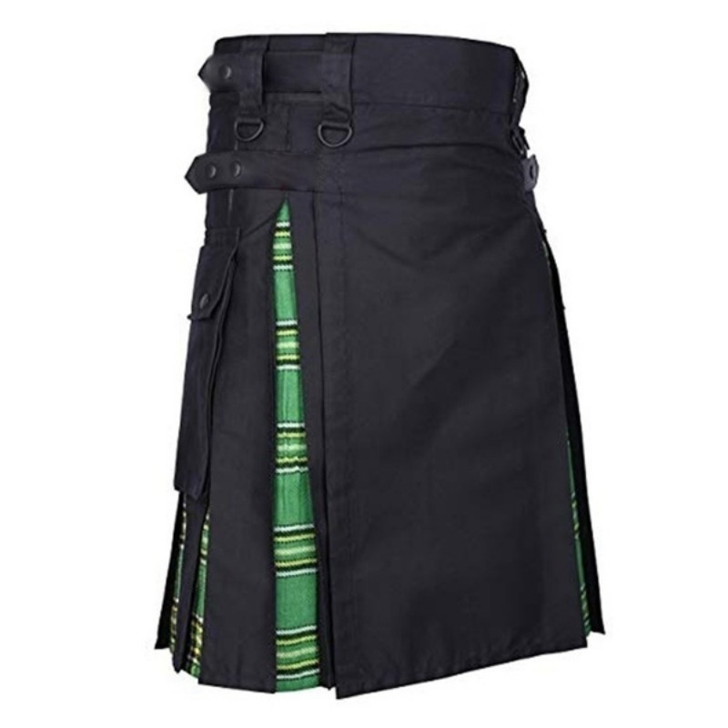 Kilts-Männer Plus Size Scottish Hybrid Black Cotton & Tartan Utility Kilts mit Lederriemen Kilts für Männer – Detail 9
