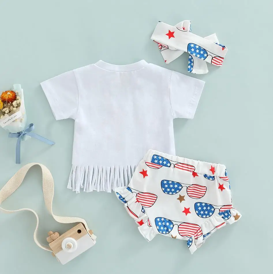 baby clothing set line 4th of July Baby Girl Outfits Set Short Sleeve Fringe Tassel Top T-Shirt Ruffle Bloomer Shorts Independence Day Clothes Set Baby Clothing Set