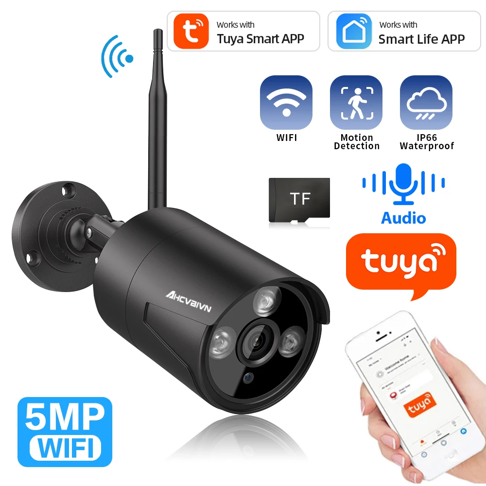 Price Review AHCVBIVN 5MP Tuya Smart Camera Outdoor Infrared Night Vision Bullet Security Camara IP66 Waterproof Wifi Video Surveillance Cam Online Shop