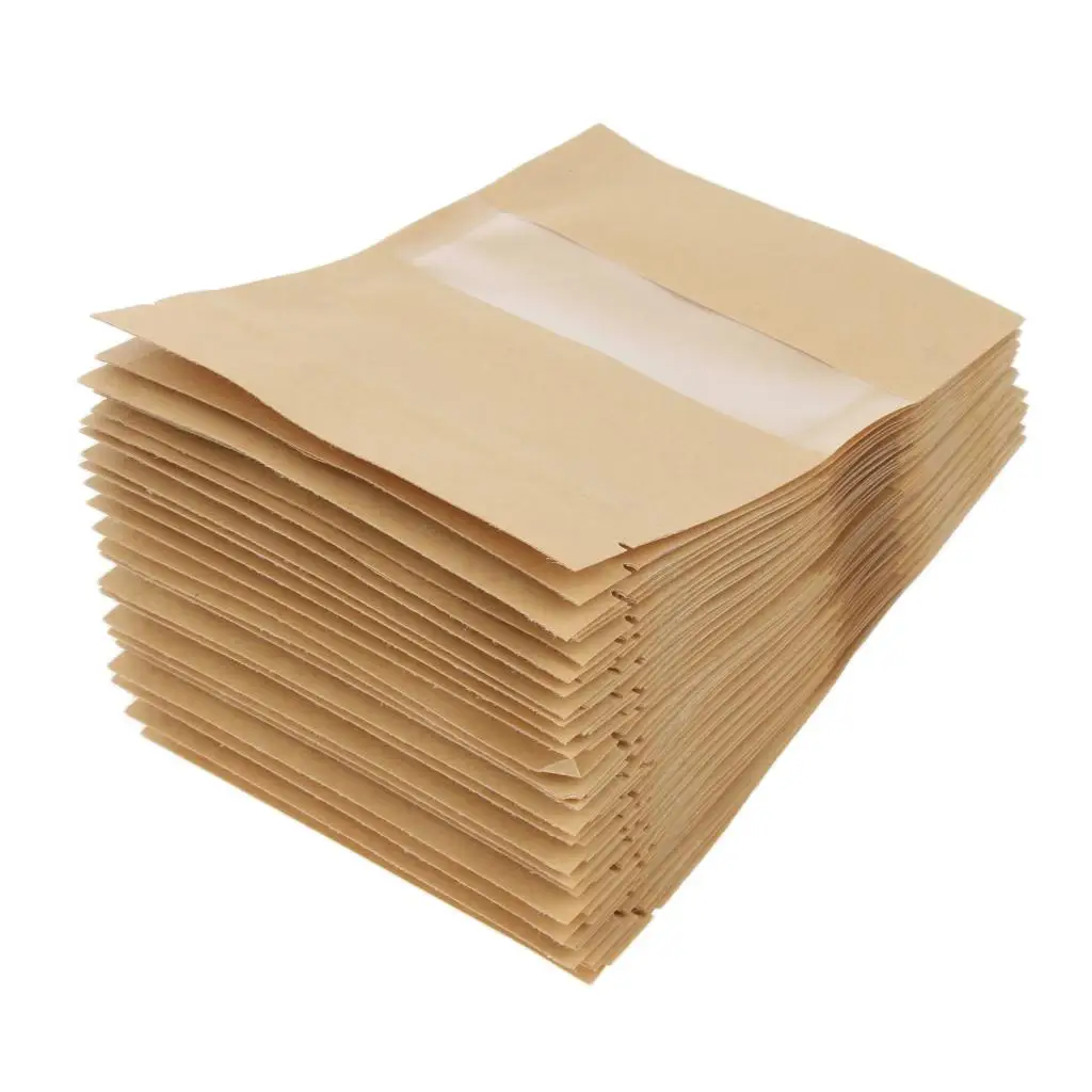 100x Kraft Paper Food Bags Self Sealing Zipper Stand up Bags Pouch w/ Notch&Matte Window Bags Kraft Paper Containers - 9x14cm
