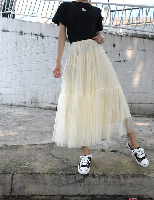 Women Ruffle Tutu Skirts A-Line Fairy Elastic Waist Tulle Midi