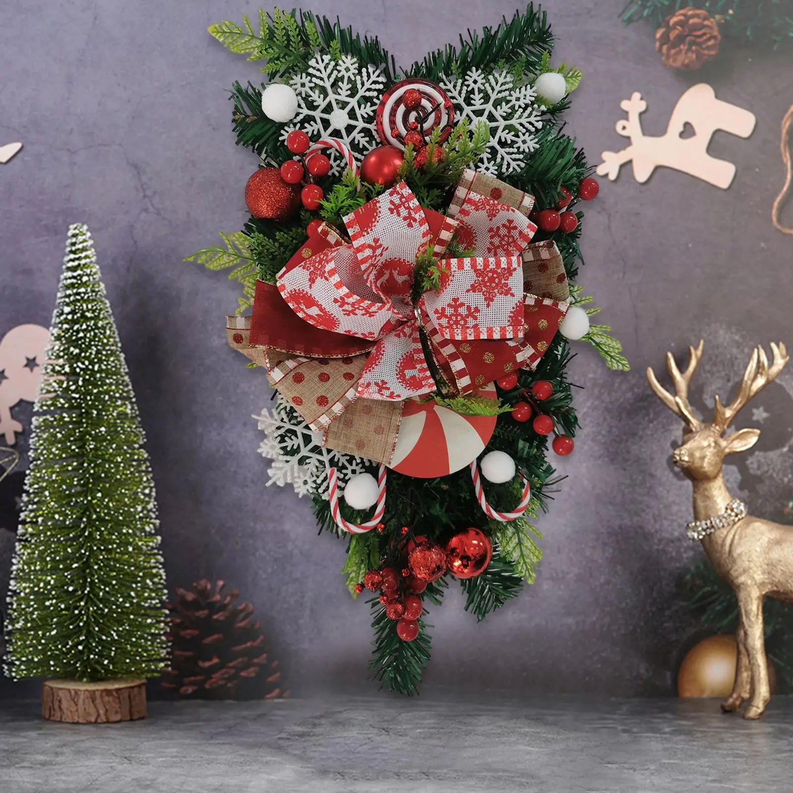 Winter Christmas Teardrop Swag Hanging Pendant with Bow Garland Christmas Door