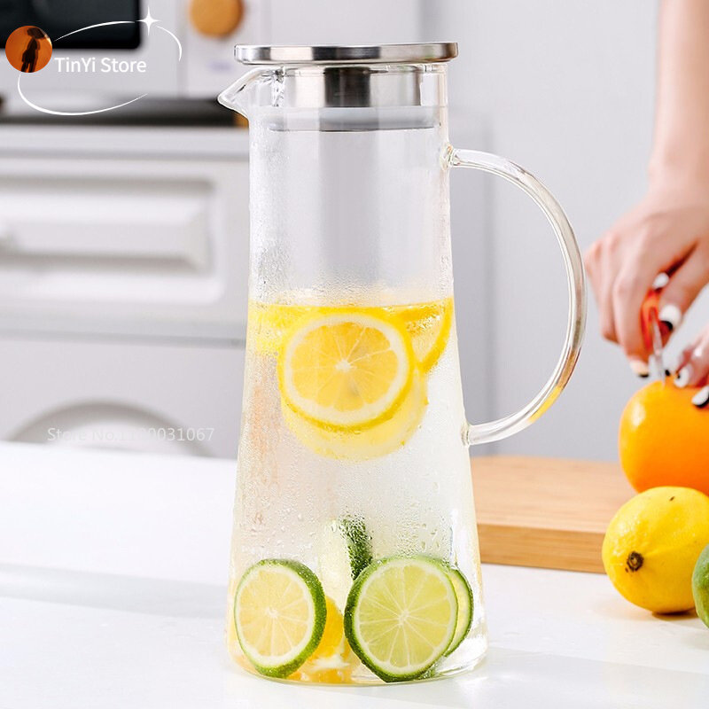 Cylinder Glass Water Pitcher With Stainless Steel Lid - 1100Ml