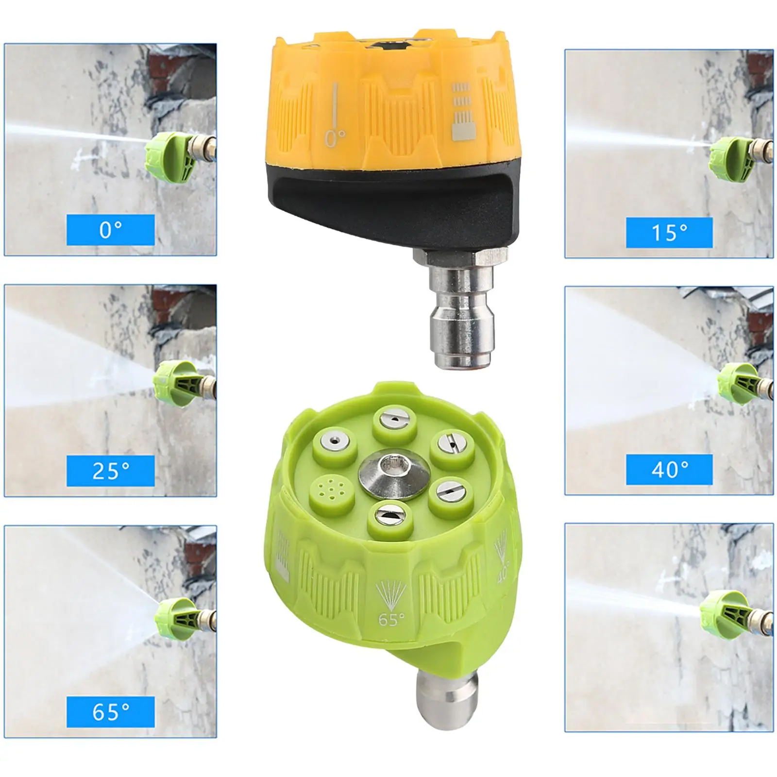 6 in 1 High Pressure Washer Nozzle Connect with 1/4 in Adapter Multi Degree Male Adapter Water Spray Parts for Gutter Cleaning