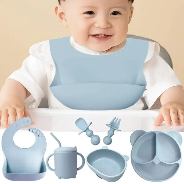 Assiette à ventouse pour bébé avec tasse à bec, bol, bavoir, cuillère,  fourchette, qualité alimentaire, silicone, tout-petit, kit d'assiette  synchronisée, fournitures de cuisine - AliExpress