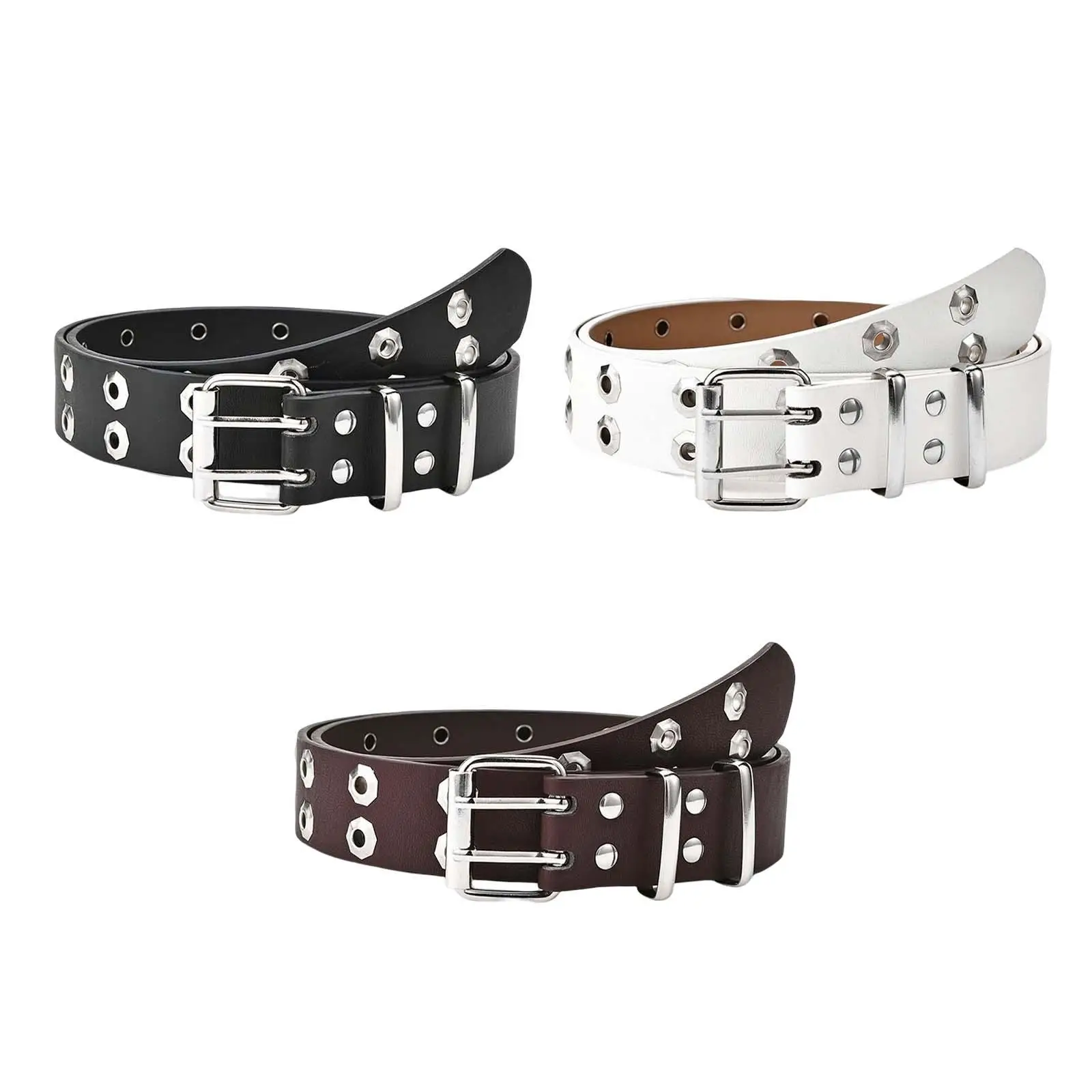 Double Grommet Belt PU Leather Fashion Stylish Waistband Double Prong Buckle Punk Waist Belt for Club Cosplay Dresses Daily