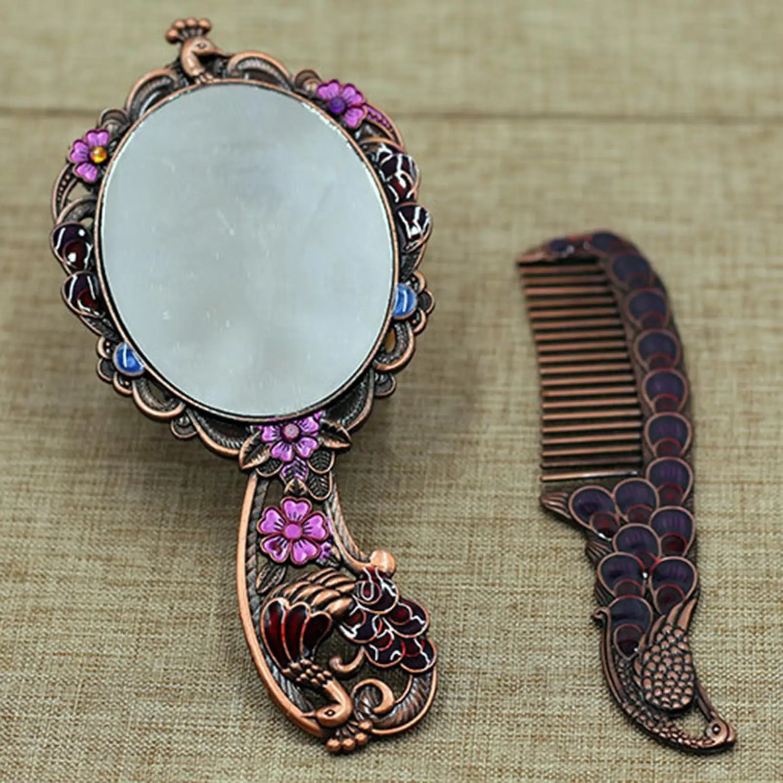 Spreading Tail Peacock Embossing Table Princess Mirror & Comb with Handle Brightly-Colored