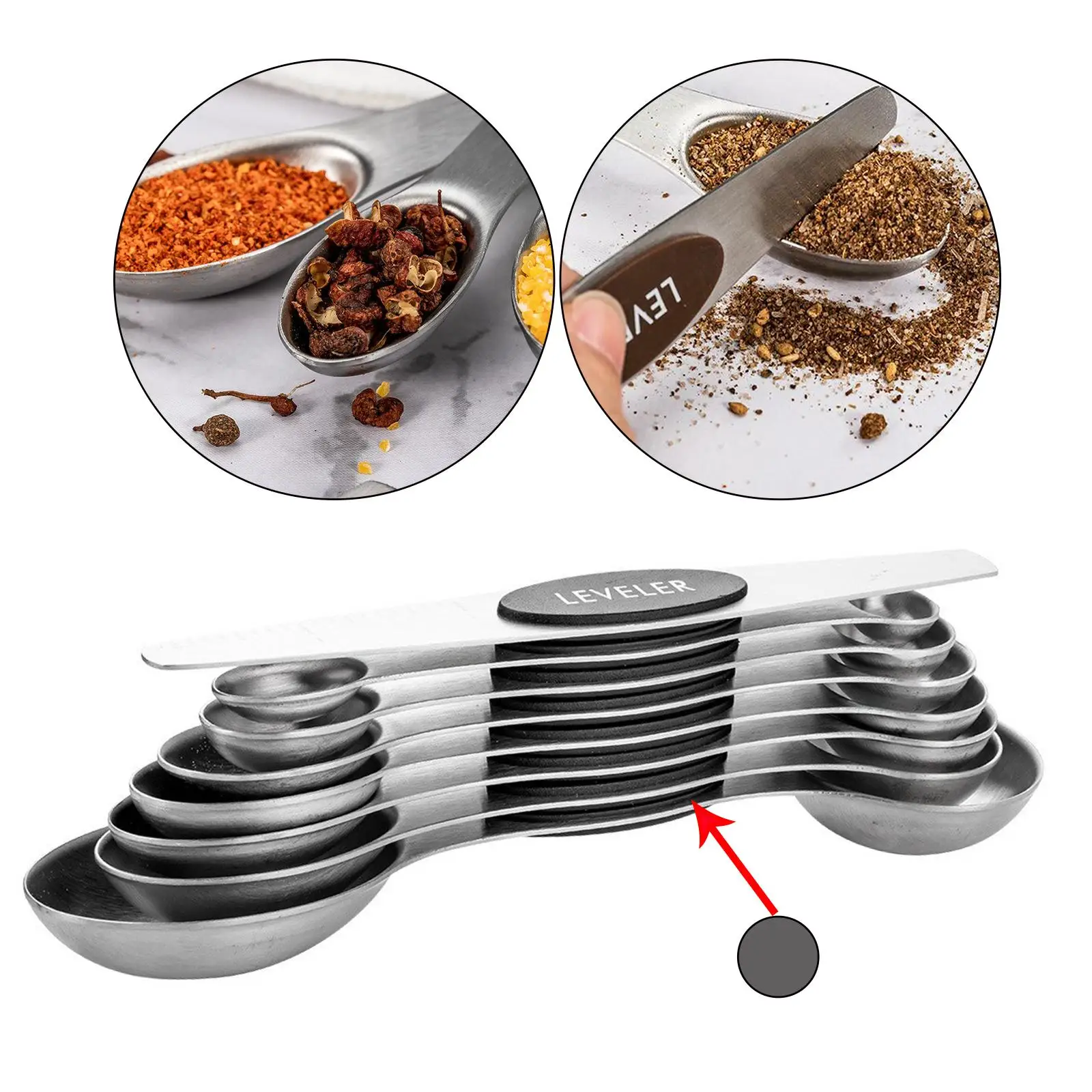 Stainless Steel Dual Sided Measuring Spoons Set of 8 , 1/8 Tsp, 1/4 Tsp, 1/2 Tsp, 3/4 Tsp, 1 Tsp, 1/2 Tbsp, 1 Tbsp Plus Leveler