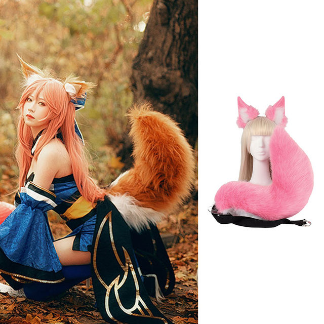 Pink Fox Ear Headgear Furry Hair Hoops Tail Ears Plush Kit Party Cosplay  Fur Hairband Girls Halloween Anime Headwear Hairband