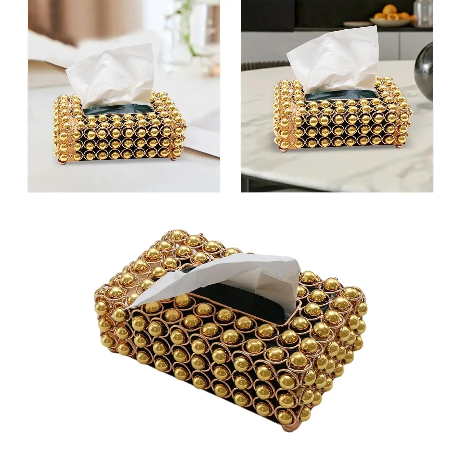 Golden Metal Simulation Pearl Facial Tissue Case for Desk Table Wedding Table Centerpiece Rectangular Toliet Paper Box Elegant