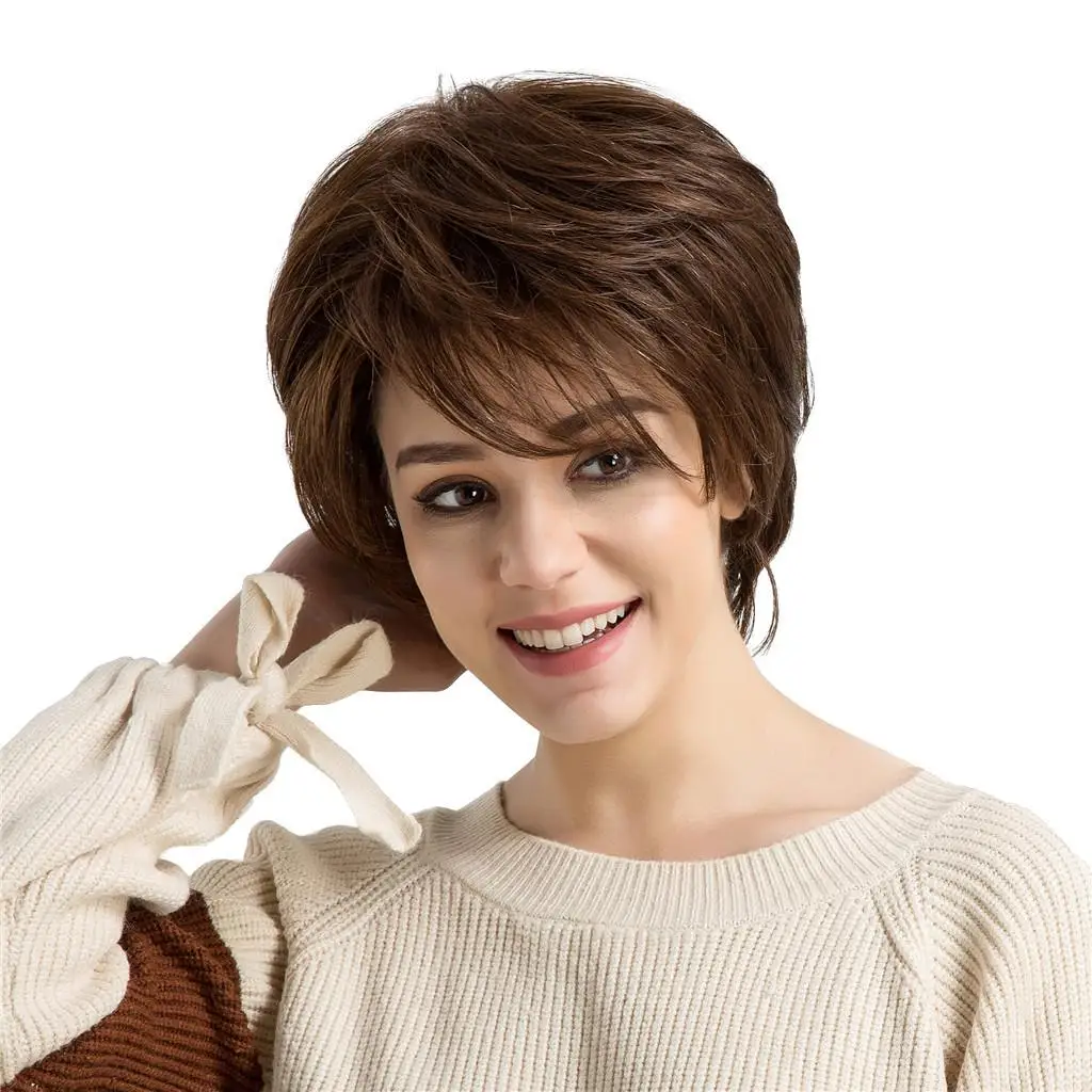 Women Real Short , Brown Straight Layered s with , Heat Resistant for Cosplay Party Costume
