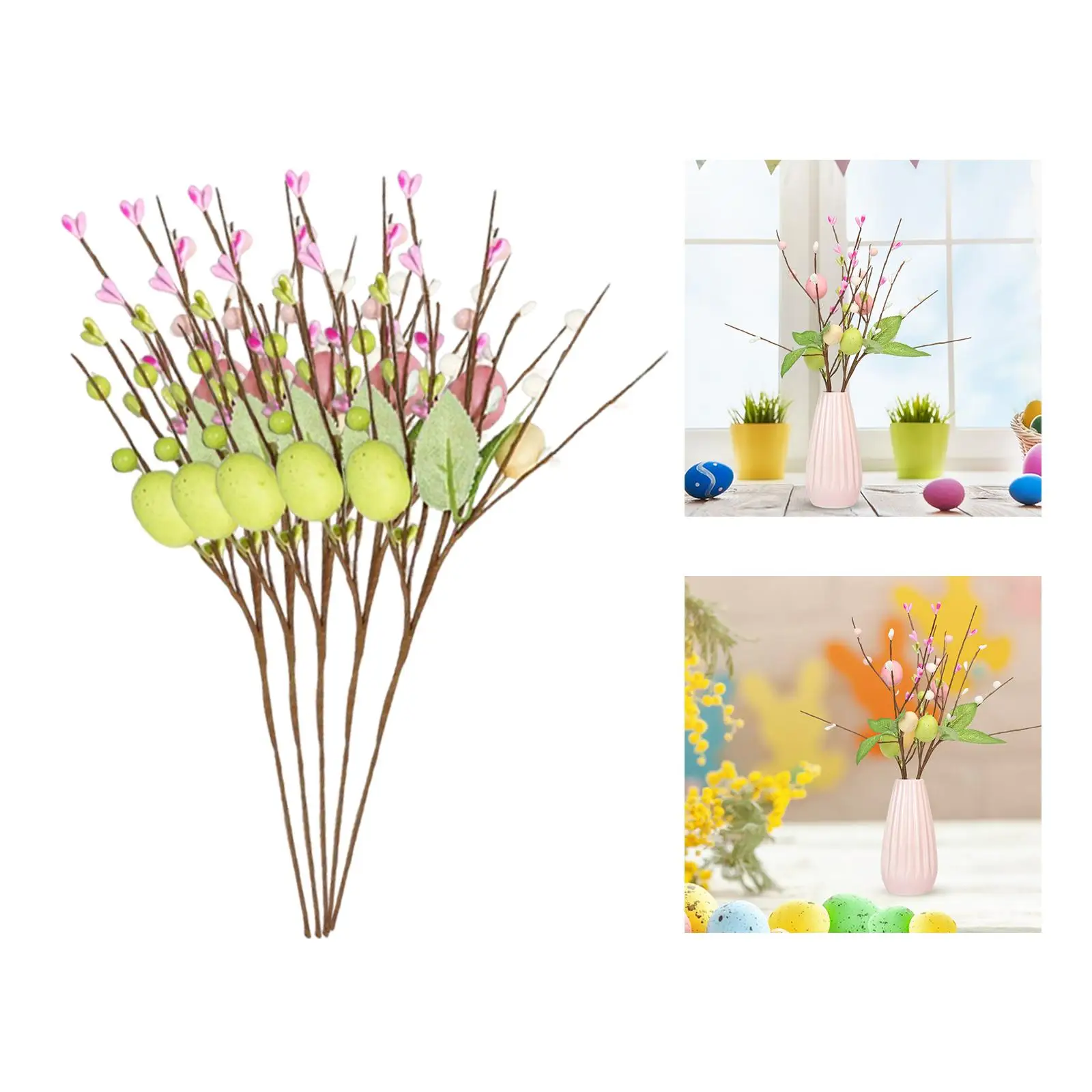 5Pcs Artificial Easter Stems Artificial Flower with Pastel Easter Eggs Decorative Door Hanging Easter Spray for Outdoor Wedding