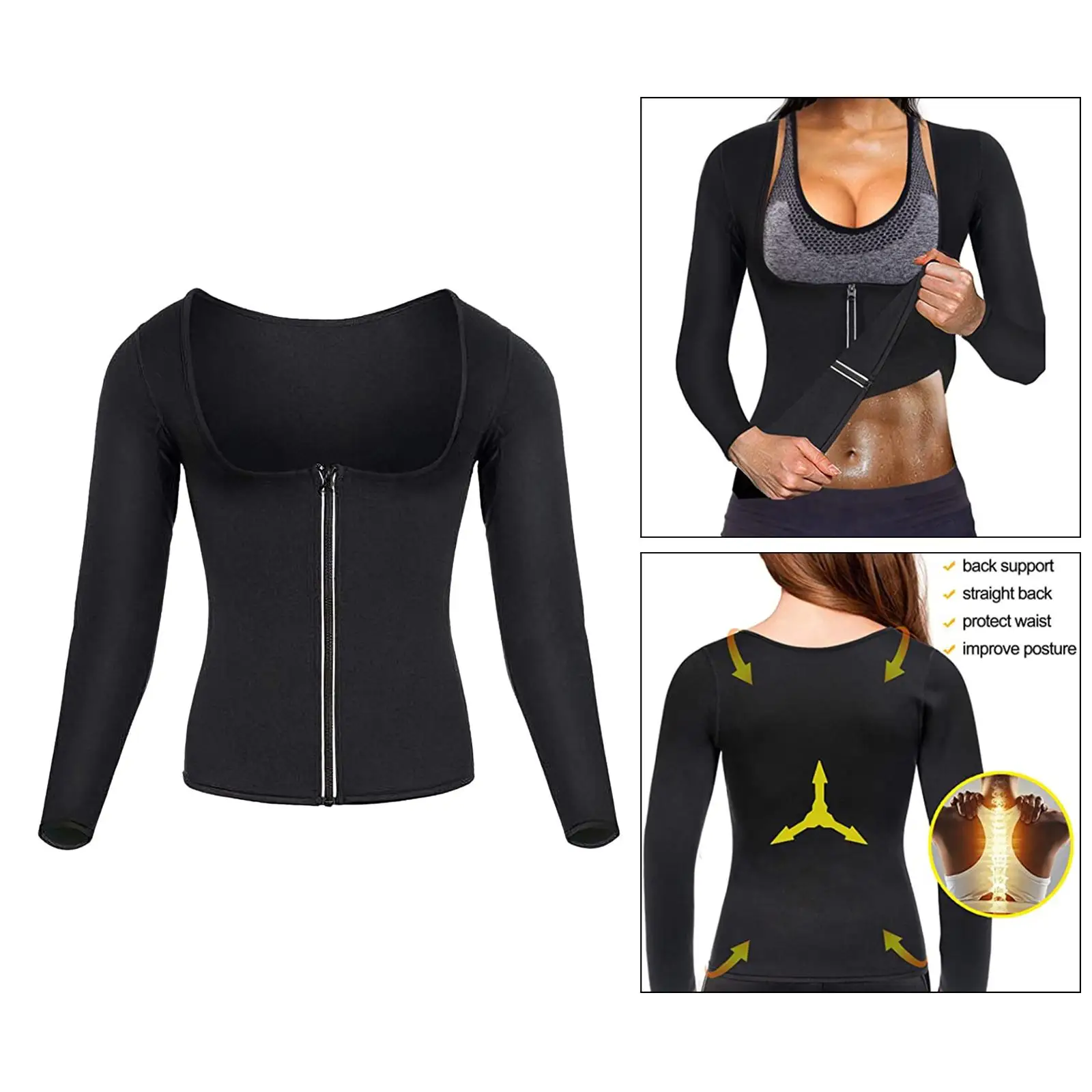 Women`s Neoprene Sweat Sauna Suit Body Shaper Workout Weight Loss Hot Waist Trainer Shirt Top with Sleeves