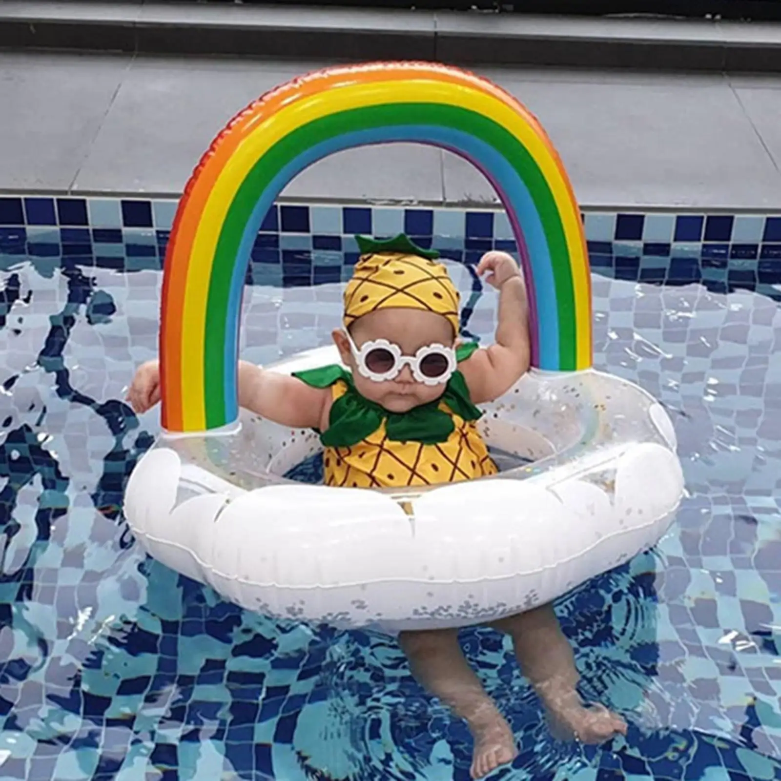 Rainbow Cloud Baby Swimming Ring with Seat Safety Training Swim Aid Toy Swim Rings for Kids Infant Newborn Toddlers Baby