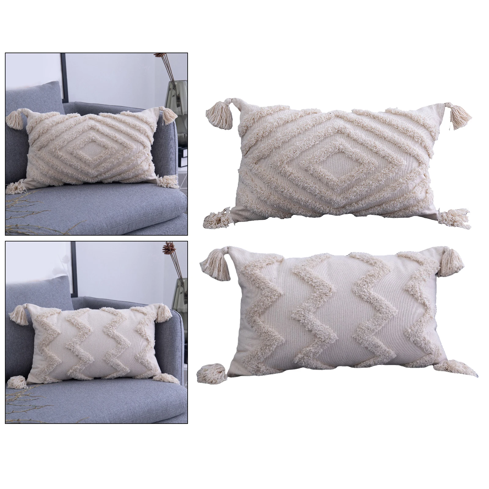 2x 30x50cm Throw Pillow Covers Woven Tufted Pillowcases for Sofa 