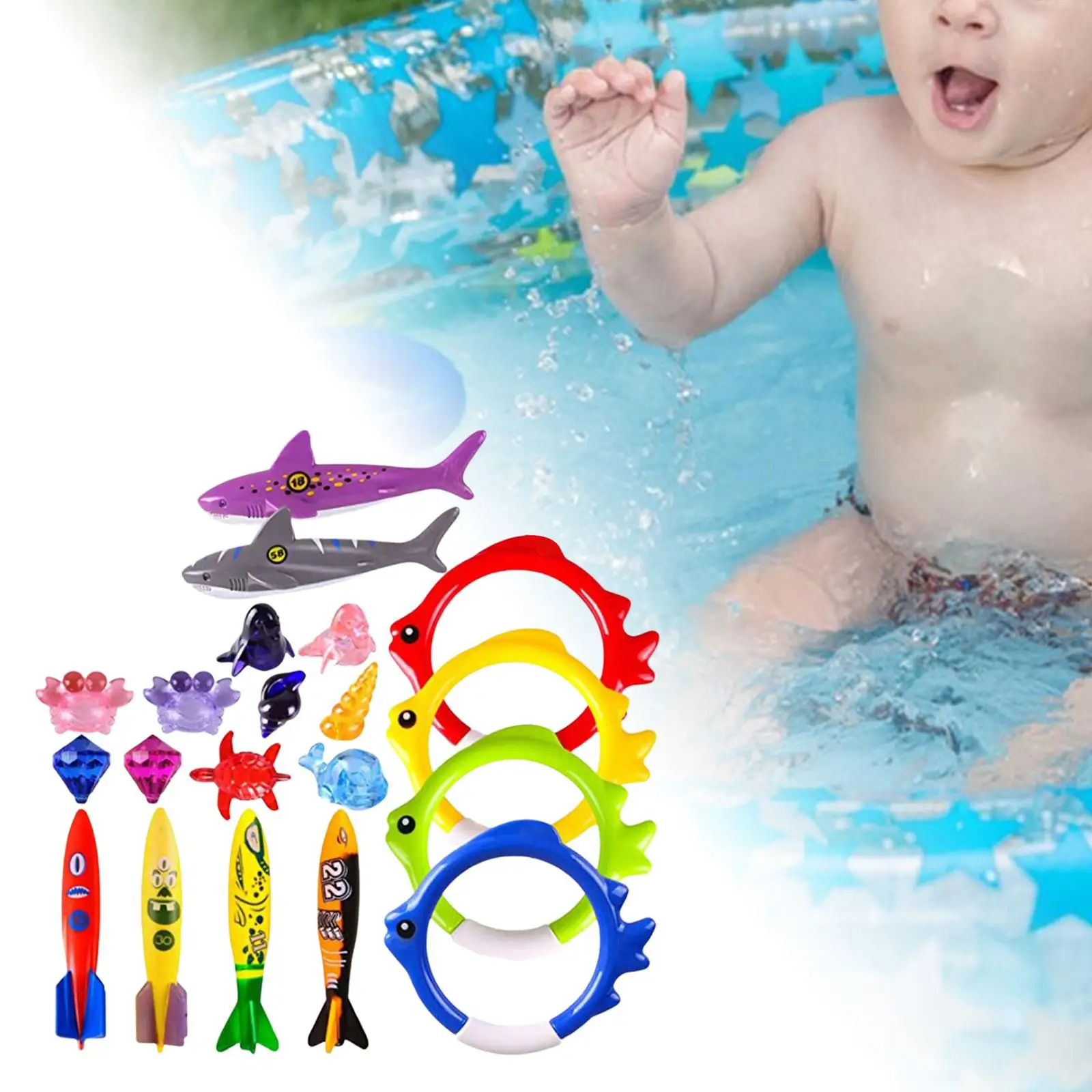 20 Pieces Fun Swim Games Sinking Set Gems Shark Rings Toddler Pool Toys Underwater Swimming Pool Toys for Kids 8-12