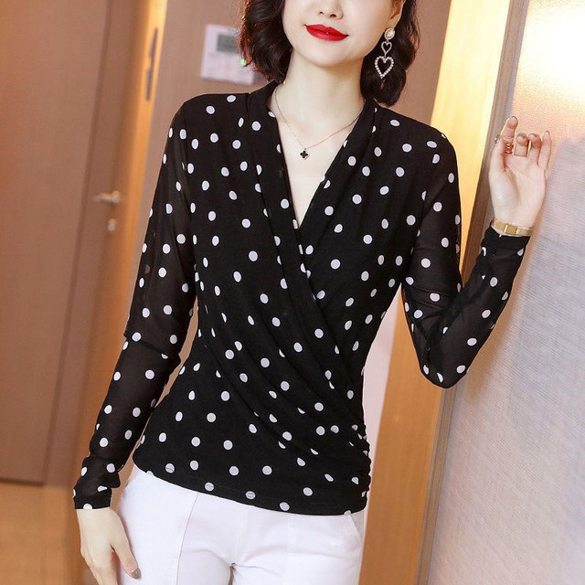 Elegant Polka Dots Mesh Office Ladies Basic Tops Women Spring