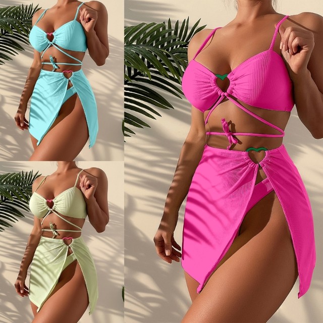 Heart Ring Linked Bikini Set 3 Pieces Swimsuit Beachwear Backless Lace Up  Bathing Suits with Sarongs Cover Up for Women biquini - AliExpress