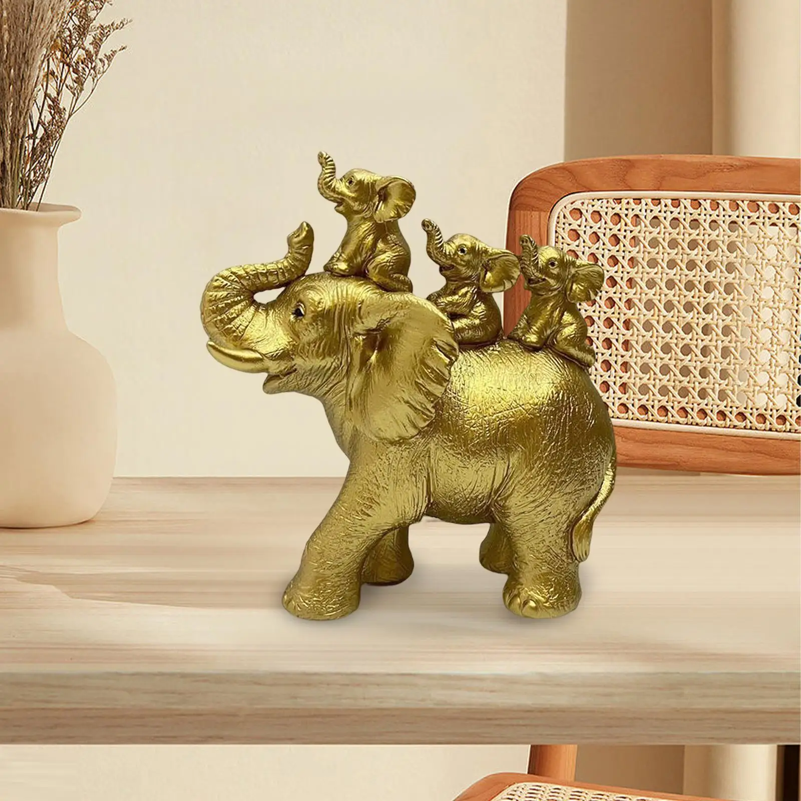 3 Baby Elephants Riding AN Elephant Statues Animals Sculptures Decors Tabletop Desk Resin Figurines for Holidays Festivals Home