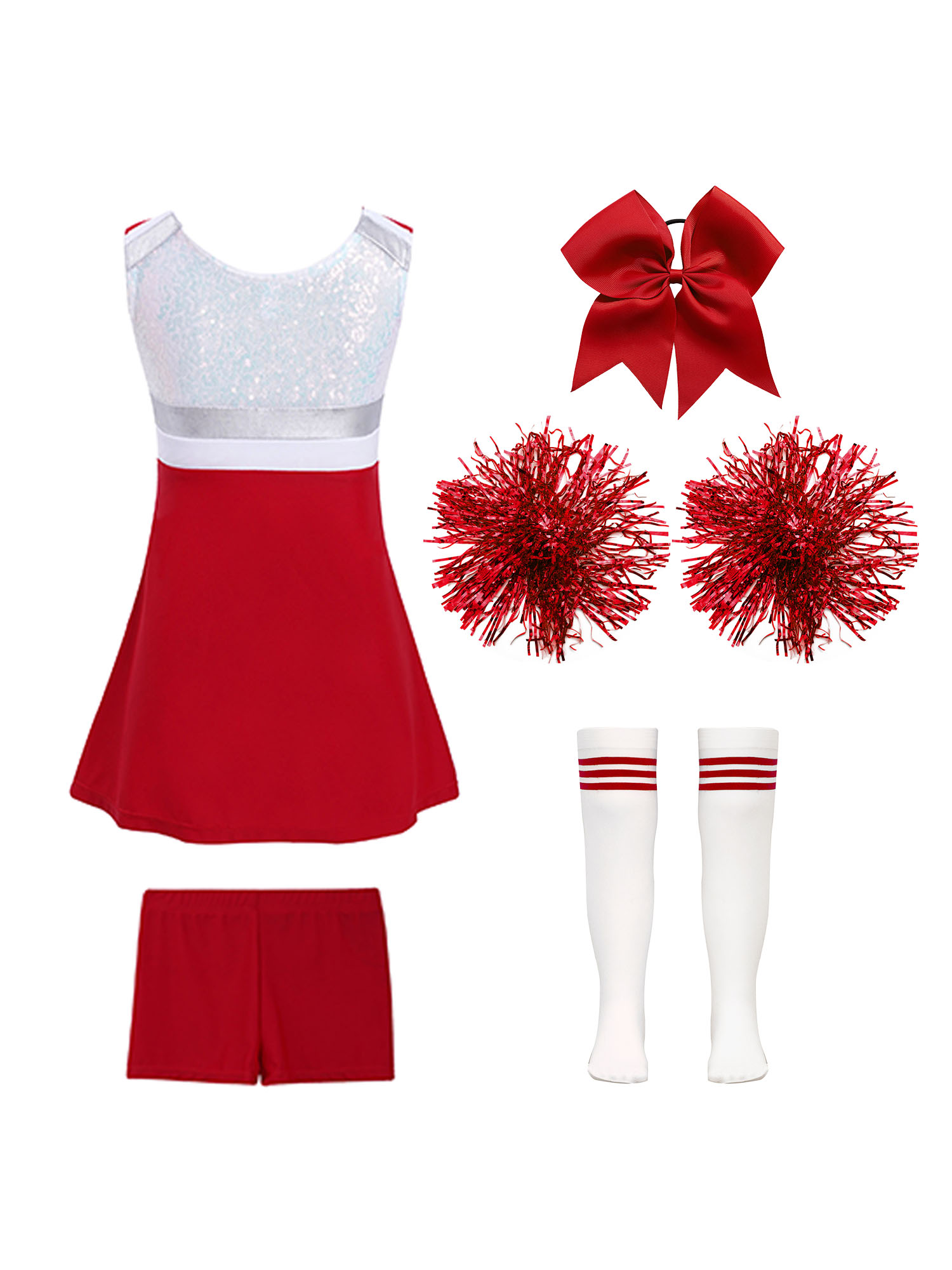 Cheerleader-Kostüm für Mädchen, Cheerleading-Uniform, modernes Tanzoutfit, glänzendes Paillettenkleid mit Shorts, Tanzkleidung – Detail 10